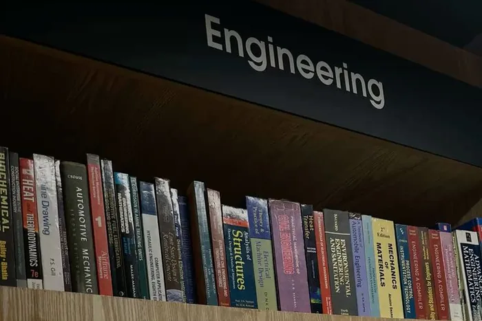 Shelves of engineering and technical titles in a reference library