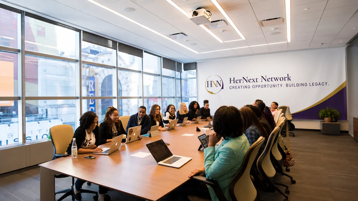 A team meeting around a boardroom table beneath the HerNext Network wall mark