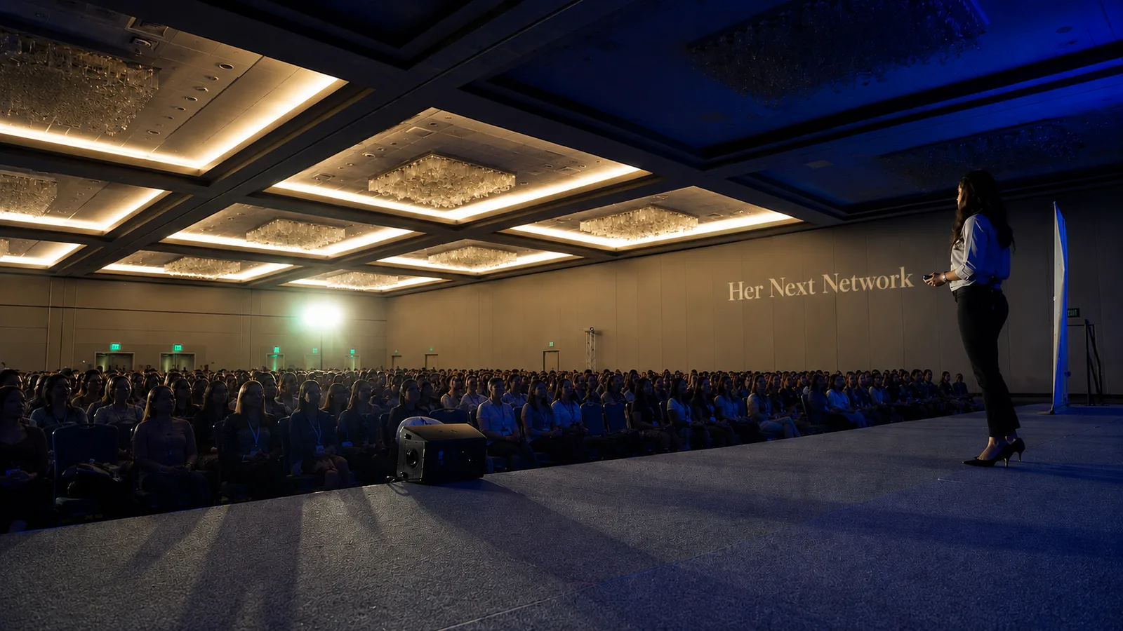 A speaker addressing a full auditorium, with the HerNext Network name projected on the wall behind her