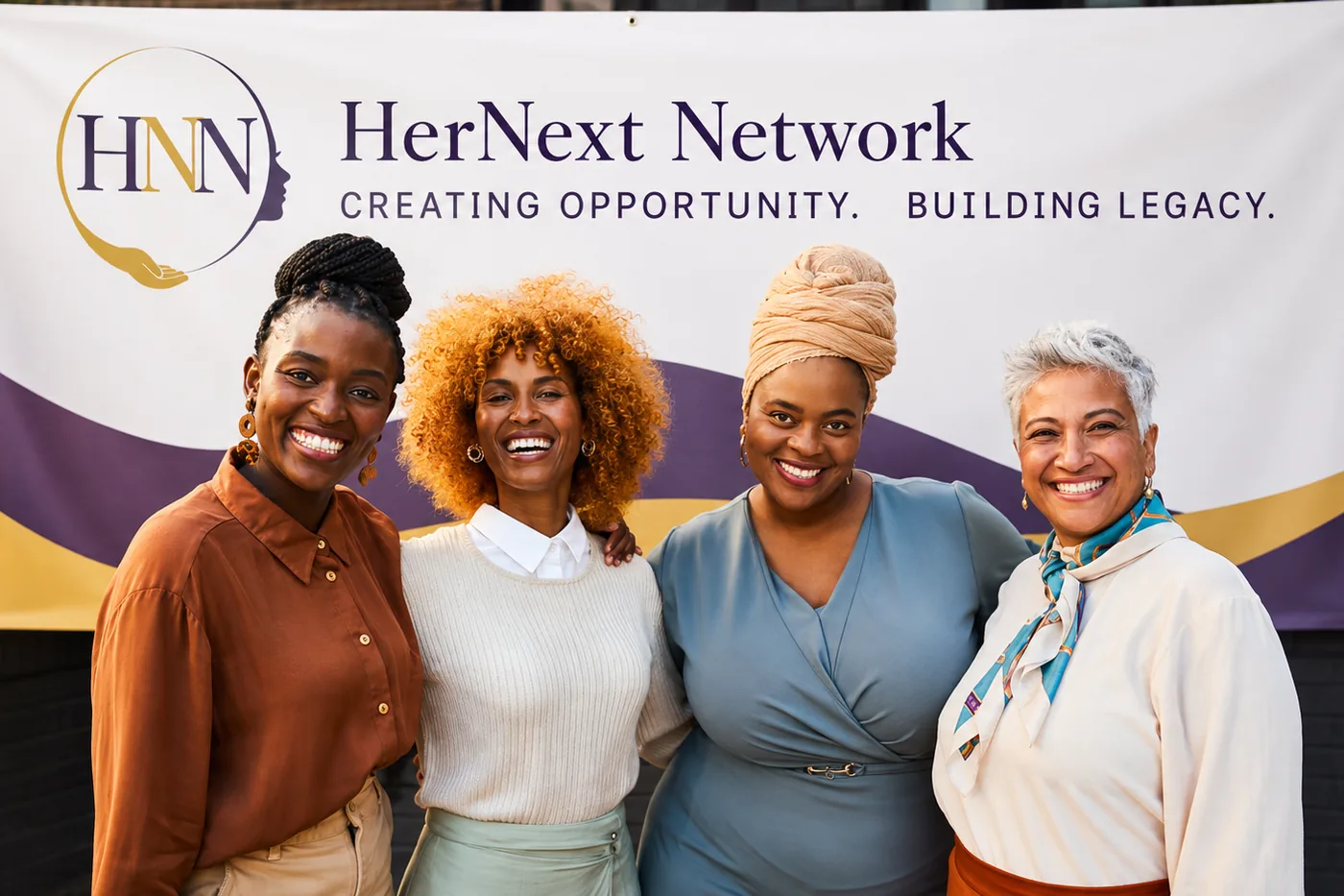 Four women standing together in front of a HerNext Network banner
